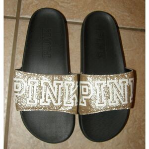 PINK VICTORIA'S SECRET Sparkly Gold and Black Sz 9 Logo Slides Sandals